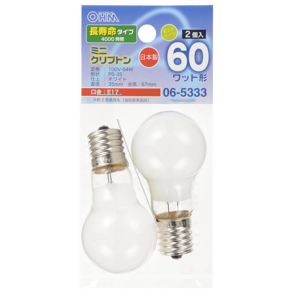 OHM Mini Krypton Light Bulb E17 40W Long Life Type Clear 2-Pack Made in Japan LB-PS35E17100V36WCLL2 06-5330 OHM Electric