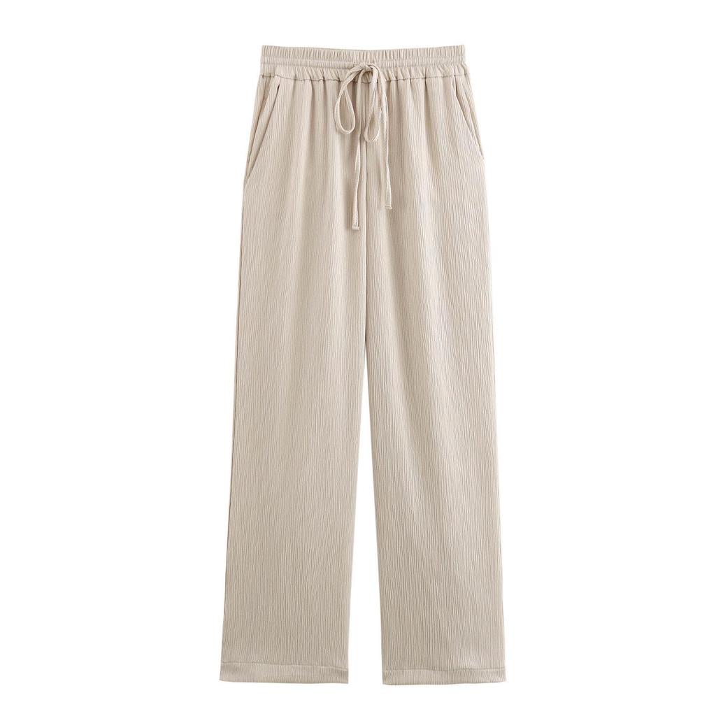 Women's Casual Crinkle Double-Breasted Blazer + High-Waisted Long Pants