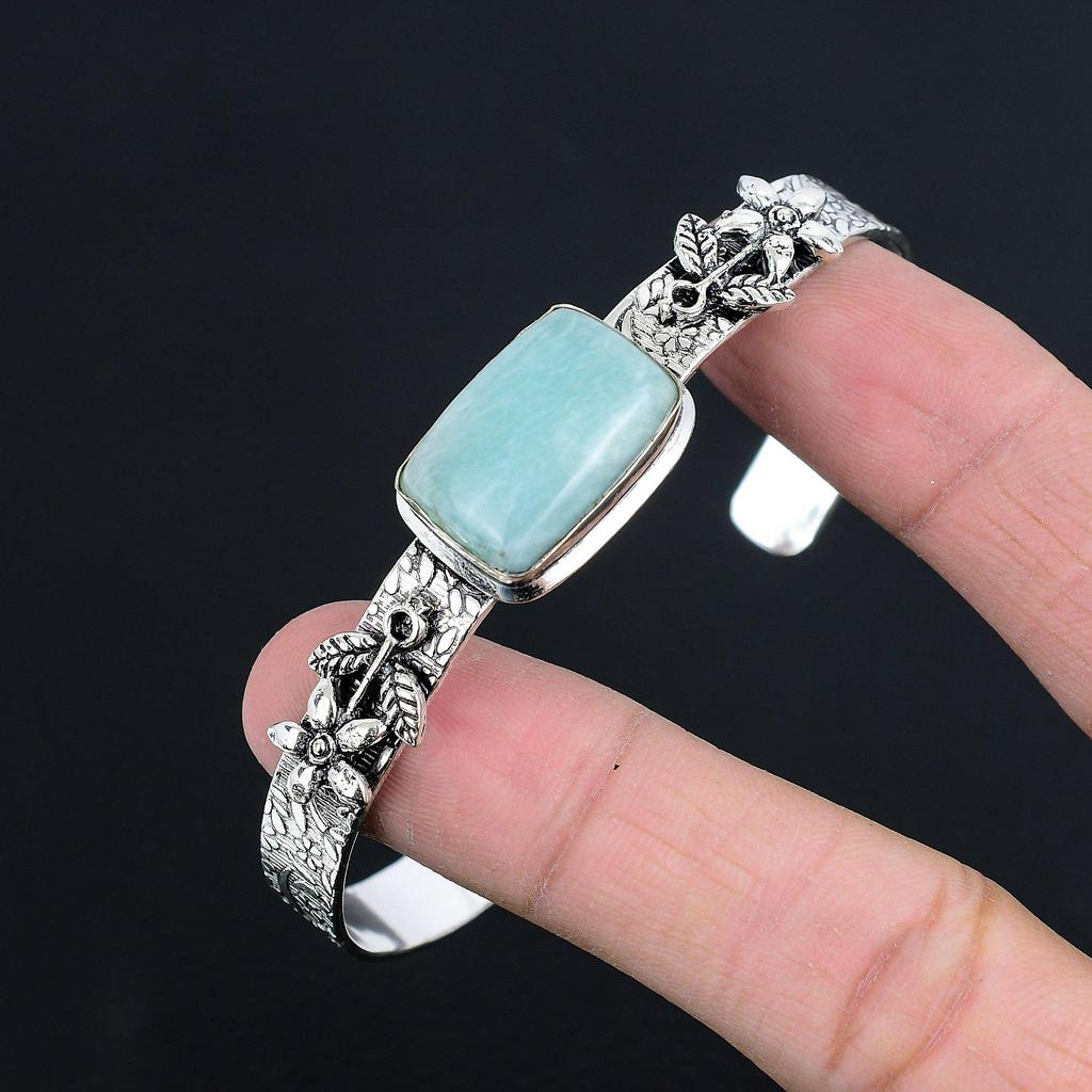 Halloween Deal Amazonite Stone 925 Silver Wife Flower Art Deco Bangle Bracelet