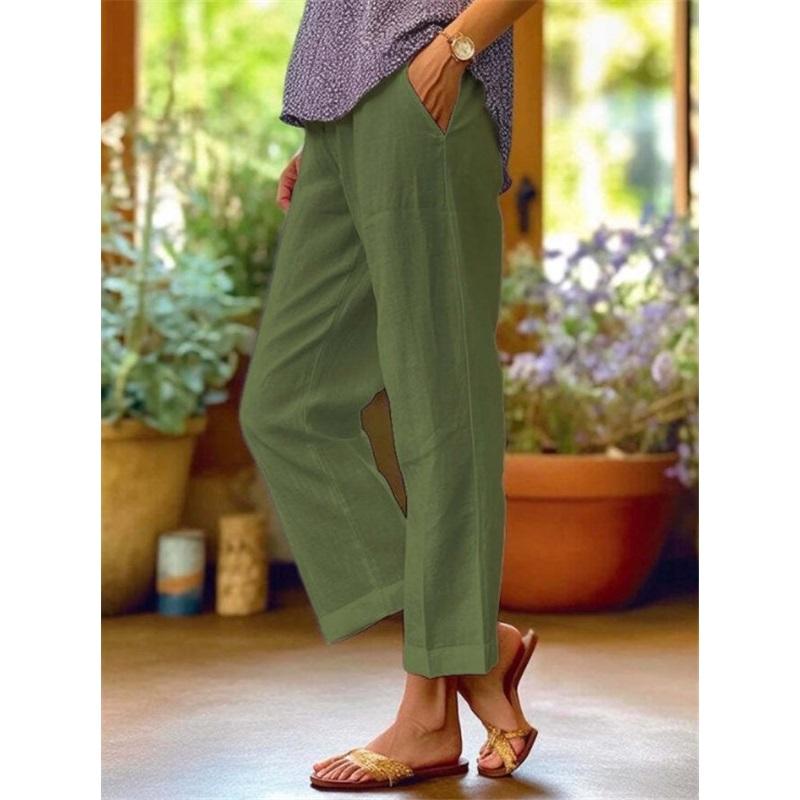 Women's Cotton And Linen Plus Size Plus Loose Solid Color Elastic Waist Pocket Straight Casual Pants