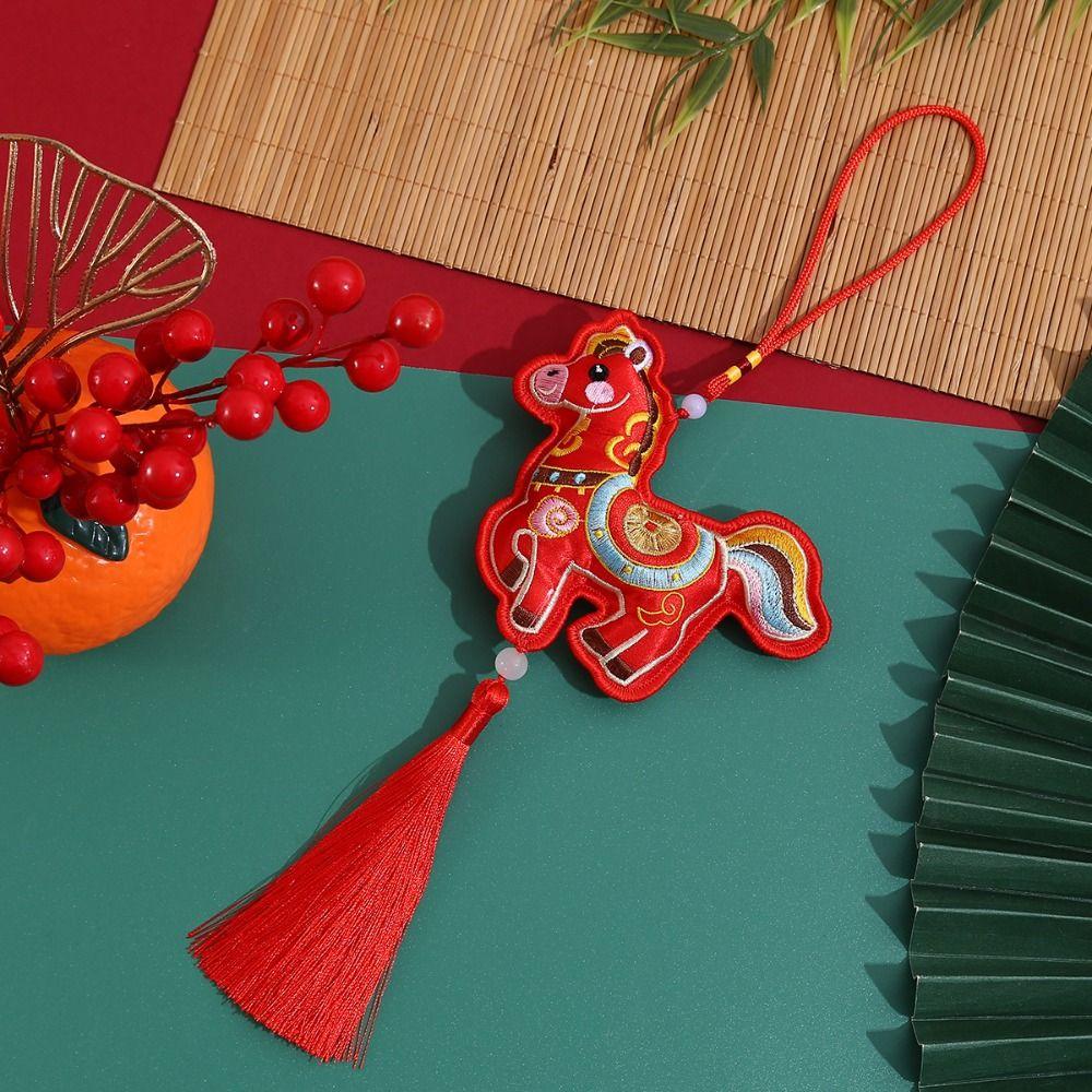 Chinese Style Pony Embroidered Pendant Tassel Spring Festival Horse Hanging Decoration Zodiac Mascot Funny Car Hanging Ornaments