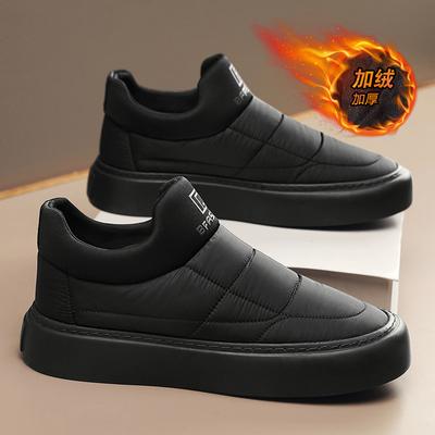 Winter Thick-soled Men Shoes Black Down Cloth Slip-on Warm Sports Shoes Simple Comfortable Anti Skid Daily Outdoor Casual Shoes