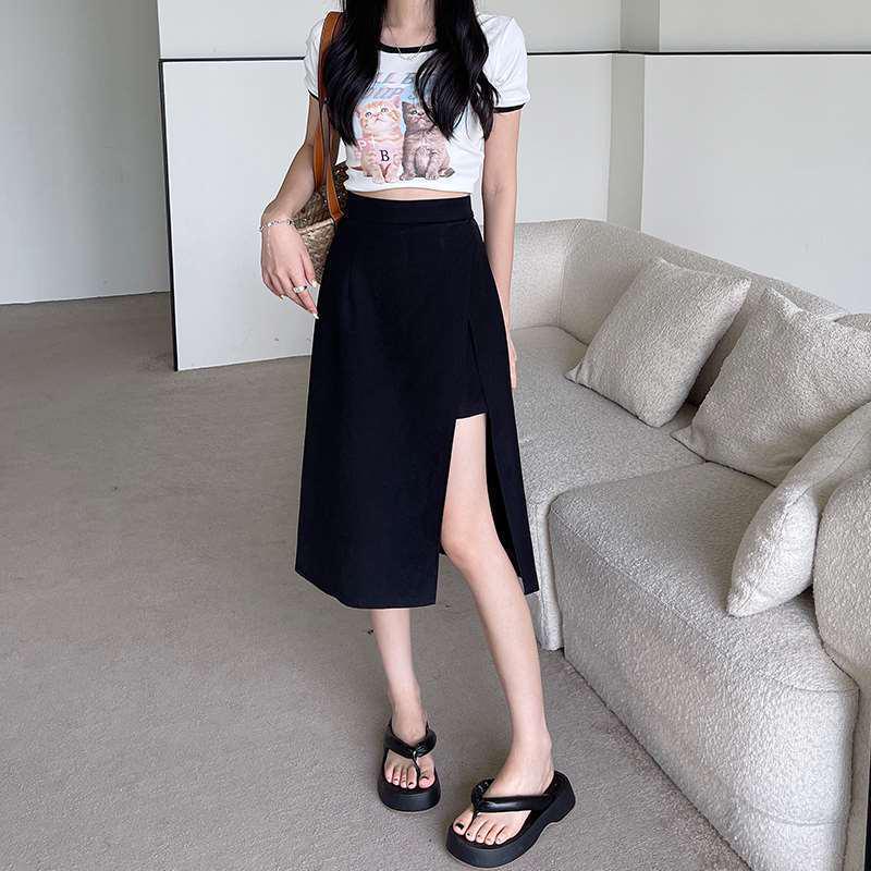 

Women s Black High-Waist Slit A-Line Midi Skirt for Autumn M чёрный