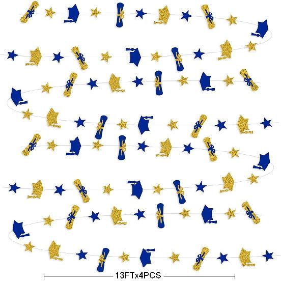 Pinkblume Navy Blue Gold Graduation Hat Diploma Star Garland Banner Bunting Streamer Backdrop for Graduation Party Supplies Classroom Middle High
