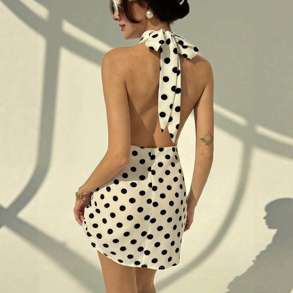 Summer European and American new women's clothing, sleeveless lace-up slim-fitting neck halter and thin versatile dress