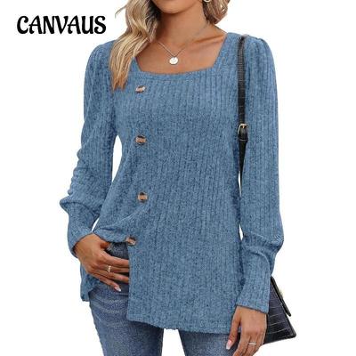 Autumn and Winter Women's Blouse Knitwear with Buckle Square Neck Solid Color Long Sleeve Tops