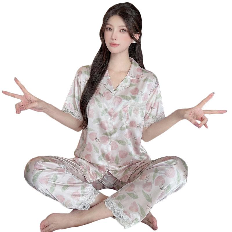 Sweet Wind Flower Ice Silk Women'S Thin Short-Sleeved Pajamas Lapel Trousers Set Cool Loungewear