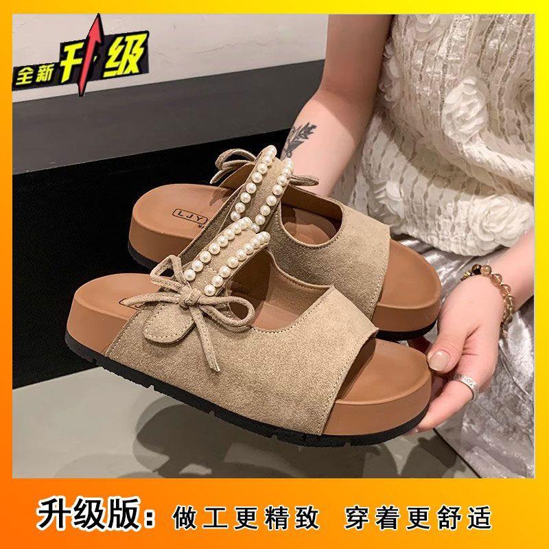 2025 sweet pearl bow flat bottom set toe one-word drag summer new beach wear Birkencool slippers women