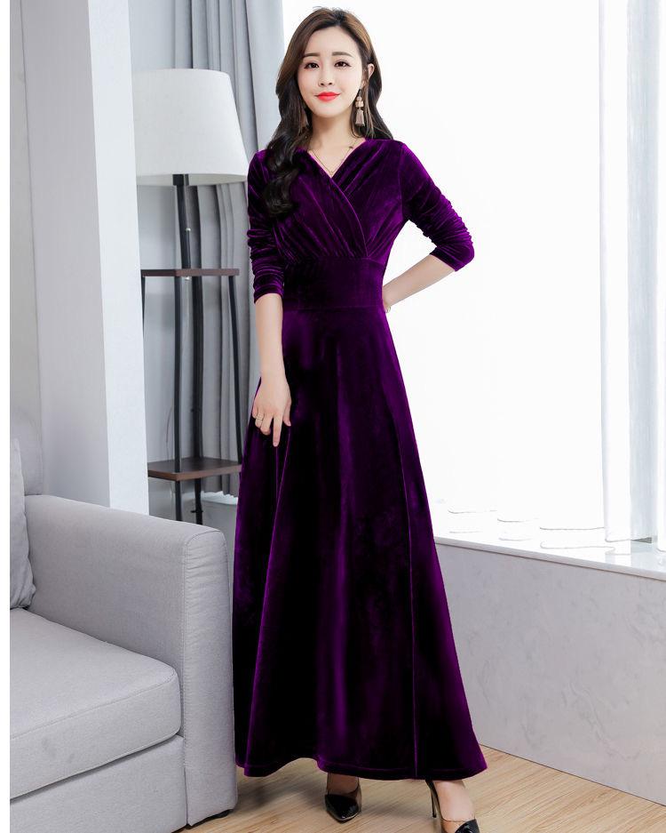 2025 Gold Velvet Long Slim Dress with Long Sleeves - Plus Size Women's Spring/Autumn Fashion