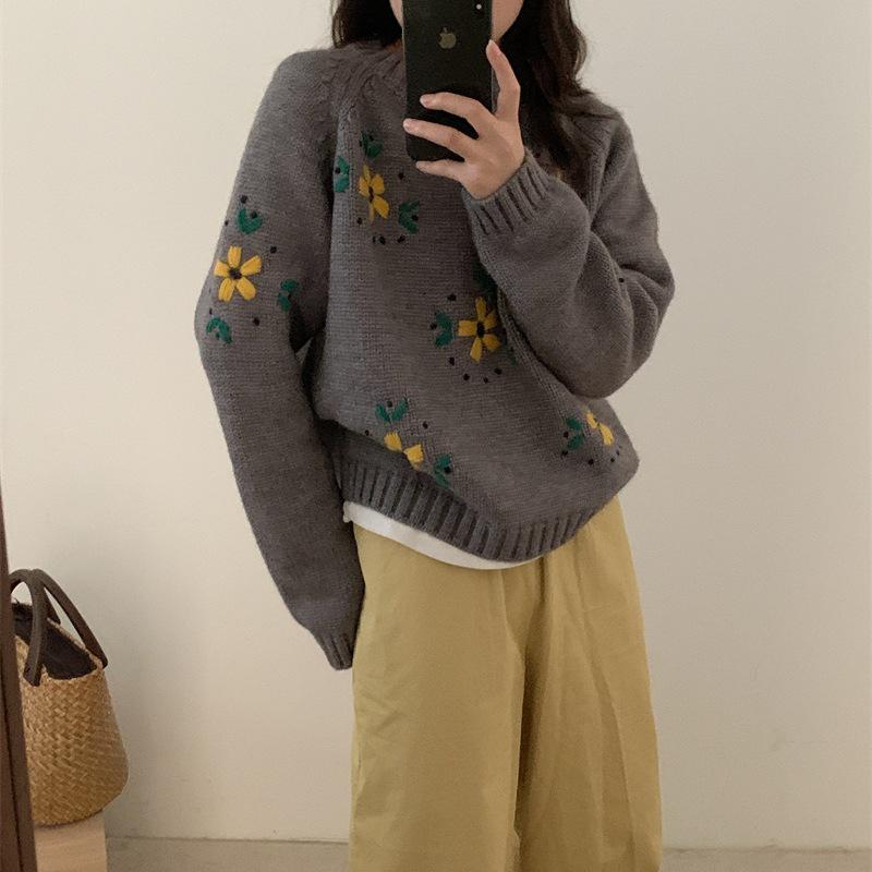 Autumn/Winter Yellow Floral 3D Embroidered Pullover Sweater - Women’s Lazy Style Knitwear