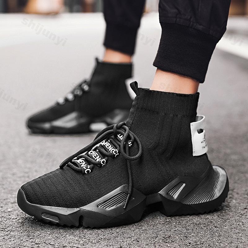 Fashion Men High Top Casual Shoes Male Sneakers Fashion Trend Mesh Shoes Cover Foot Breathable Socks Sports Running Shoes Heightening