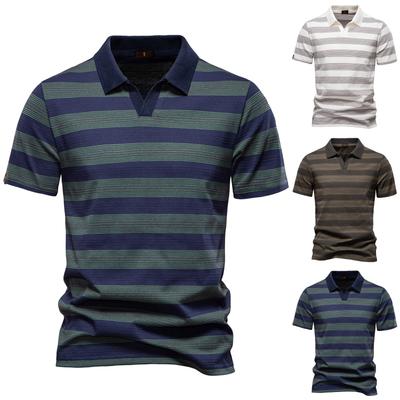 Men's Summer Striped Buttonless V-Neck Short Sleeve Top Men's Casual Fashion Shirt