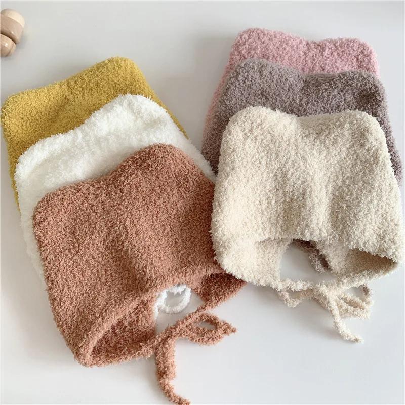Cute Bear Baby Plush Hat Winter Warm Ear Protection Beanie Cap for Infant Boy Girl Solid Color Cartoon Kids Earmuff Caps Bonnet