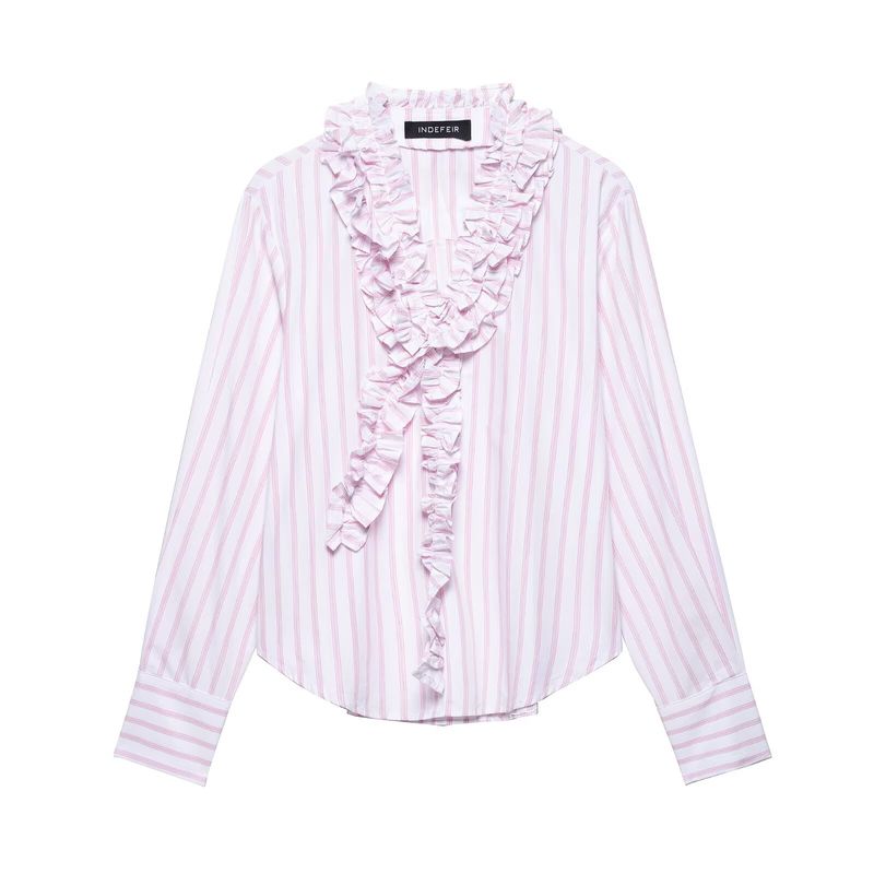 

Kaslead New Women clothes Western Style Fashion Light Pink Stereo Wooden Ear V-neck Stripe Shirts Light purple L