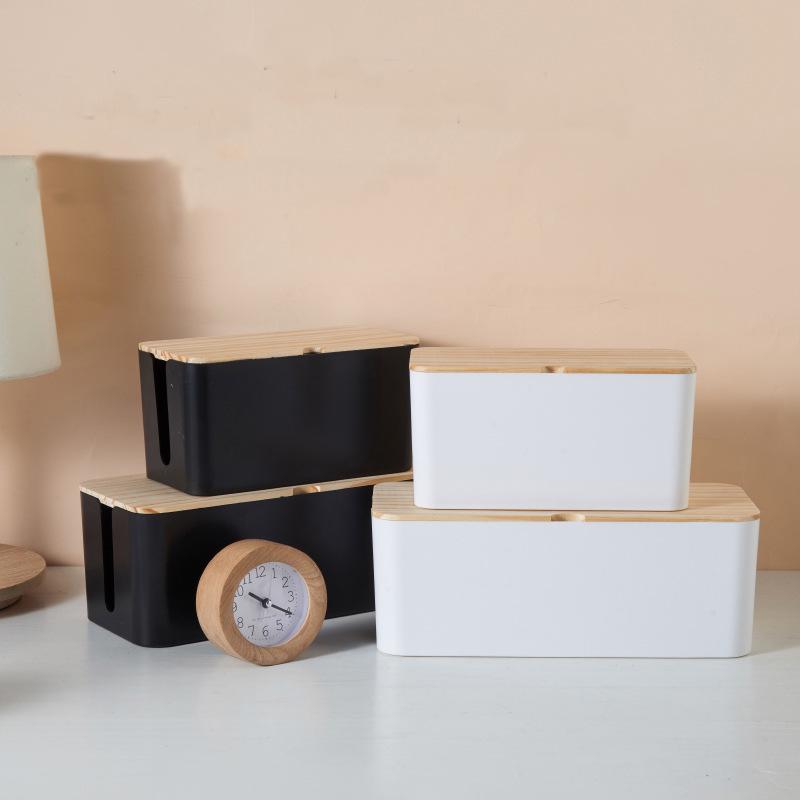 Wire Storage Box with Wooden Lid - Socket & Cable Organizer