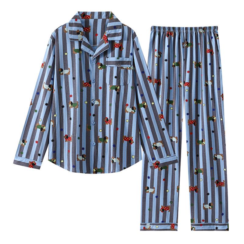 Men's Long Sleeve Striped Sausage Dog Pajamas - Pure Cotton, Spring/Autumn, Wearable Outdoors, Teen Sizes Available