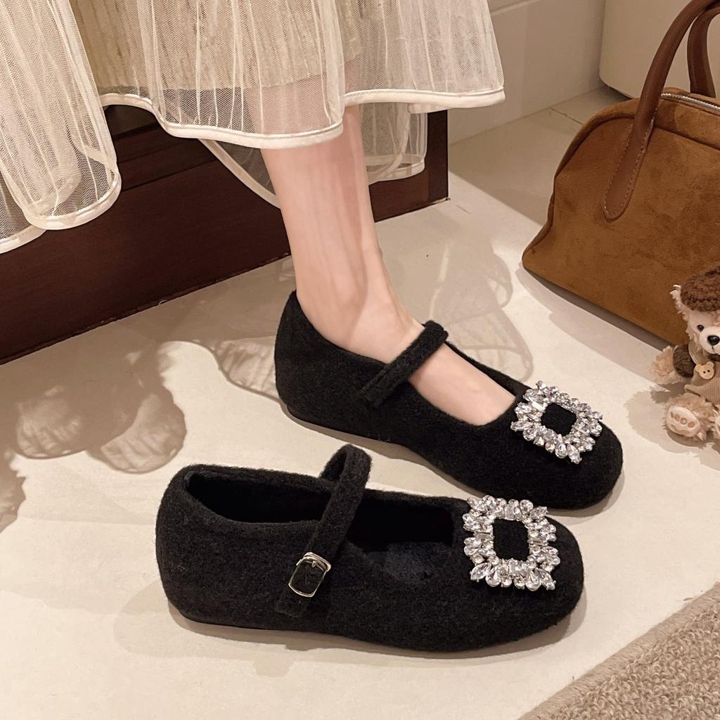 Retro 4 Autumn And Winter New Cm Korean Shallow Mouth Single Shoes, Rhinestone Velvet Versatile Mary Jane Shoes, Women'S Inner Height Increases Gently