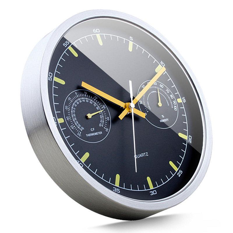 

Quartz Metal Hanging Clock with Temperature Humidity Monitor Silent Non-Ticking Home Living Room Stylish Simple Creative Decor