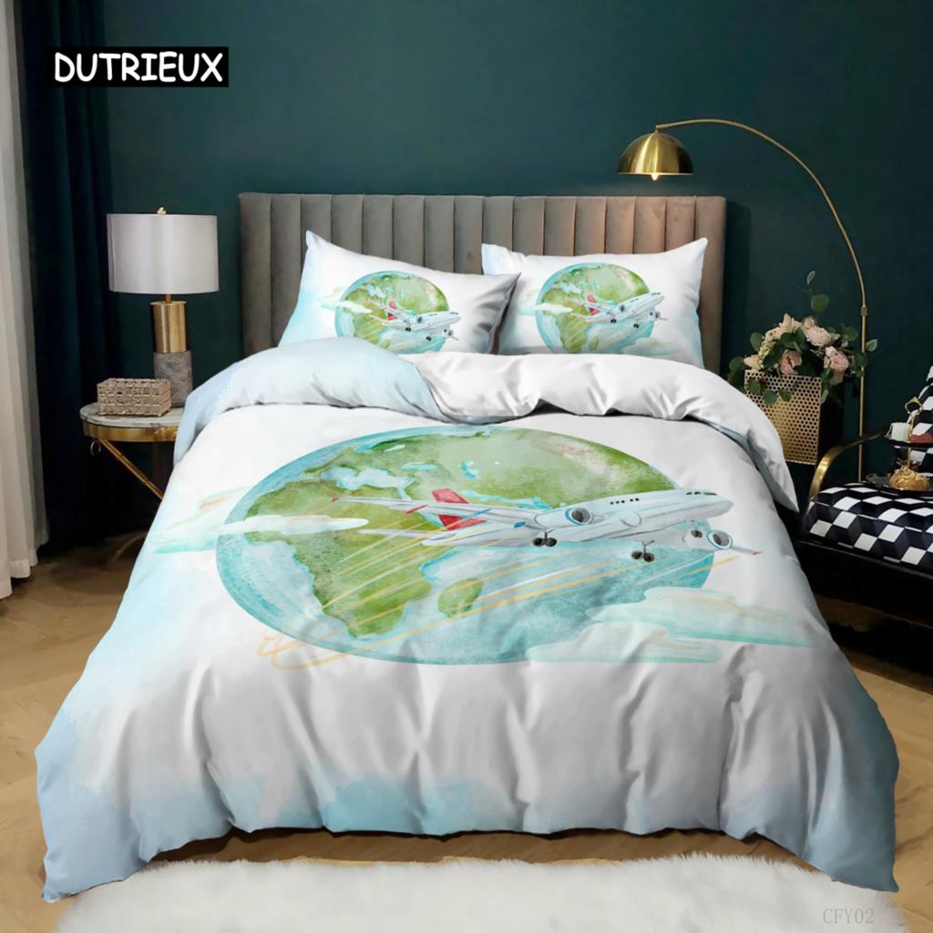 

Earth Comforter Cover Kit King Dimension Size Polyester Blue Globe Print Pattern Compass Camera Airplane Passport Printed Pattern Comforter Cover for EU single(135x200cm)