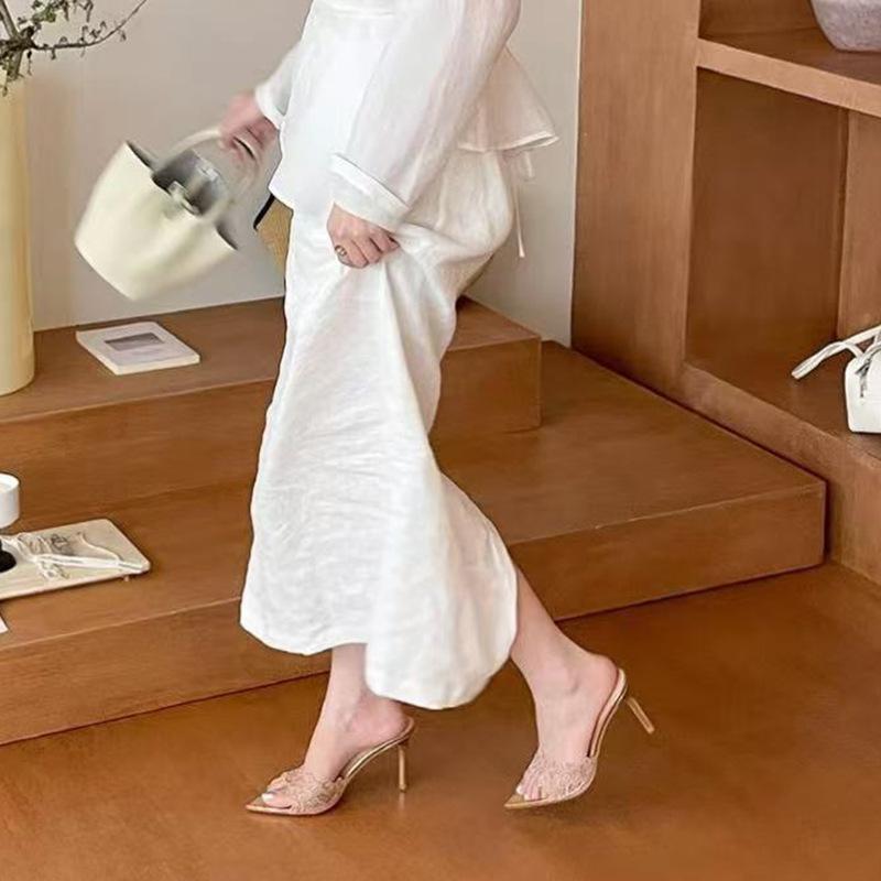 Fashion 2025 French Champagne Lace High Heel Slippers Women Pointed Toe Thin Heel Summer Sandals Elegant Niche Strappy Slides