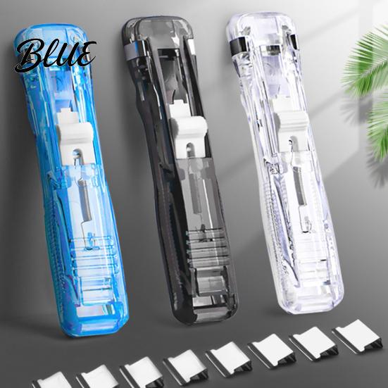 Reusable Binder Clips Paper Clip Stapler Portable Dispenser No Hole Punching Pusher with 50 Refillable Transparent Metal Office School Supplies Home