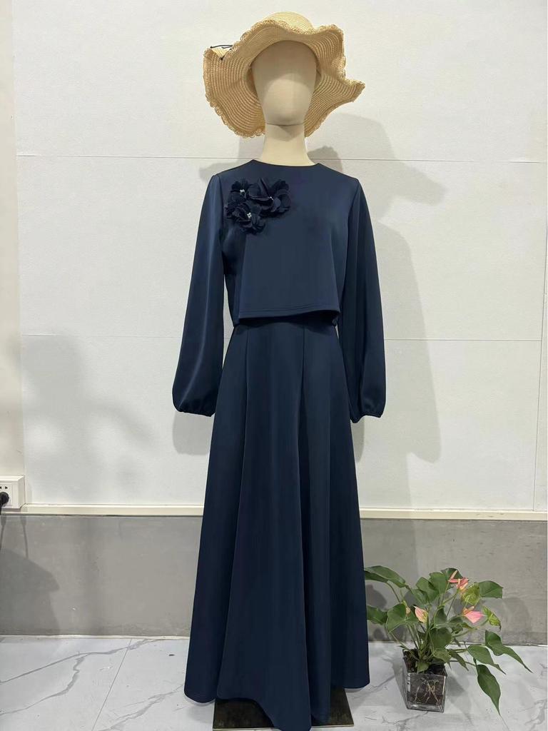 Autumn  Dubai Floral Lantern Sleeve Loose Dress & Skirt Set for Women