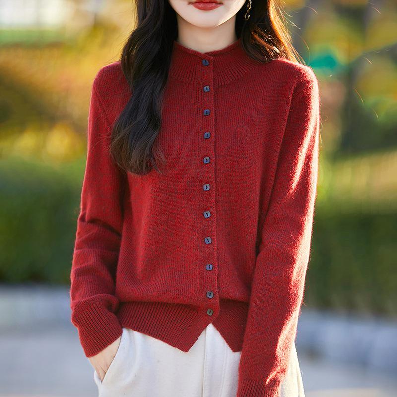 Heathered Wool Long Sleeve Rolled Edge Cardigan Sweater with Semi-High Neck 
