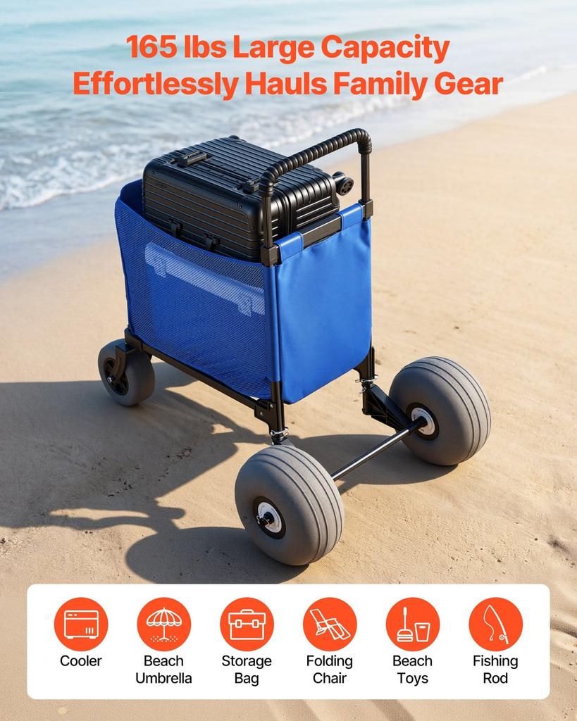 Beach Cart with Large Wheels for Sand, 75kg Load Capacity, Heavy Duty Folding Beach Wagon with 300 mm Balloon Wheels, Storage Bag, 845-1140 mm