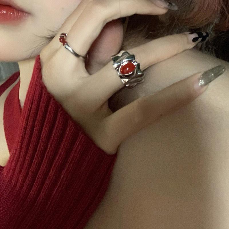 Spice Girl Niche Design Sense Cold Wind Ruby Opening Simple Irregular Fashion Ring Women'S High Sense
