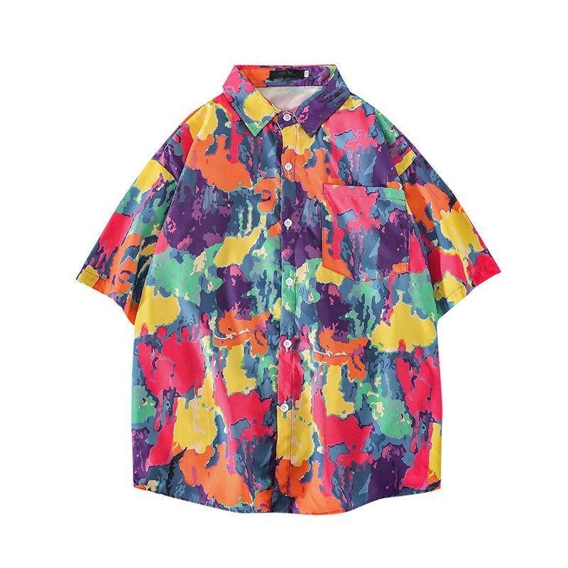 

Ретро абстрактная рубашка с короткими рукавами, ленивая и свободная женская блузка с короткими рукавами, летняя блузка с откидным воротником, пара цветочных блузок One Size