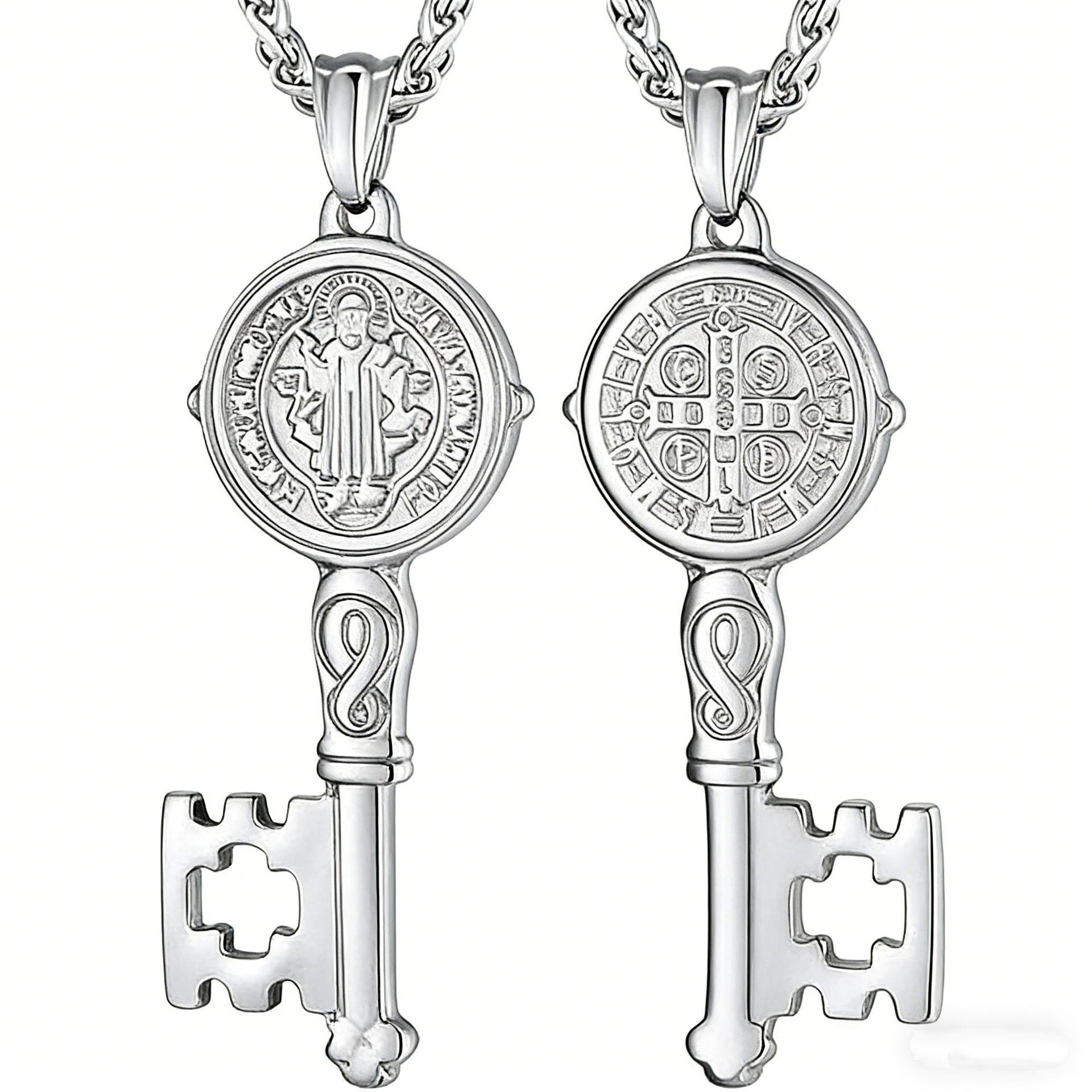 European and American Jewelry St. Benedict s Exorcist Key Necklace Titanium Steel Pendant Chain Pendant 60CM