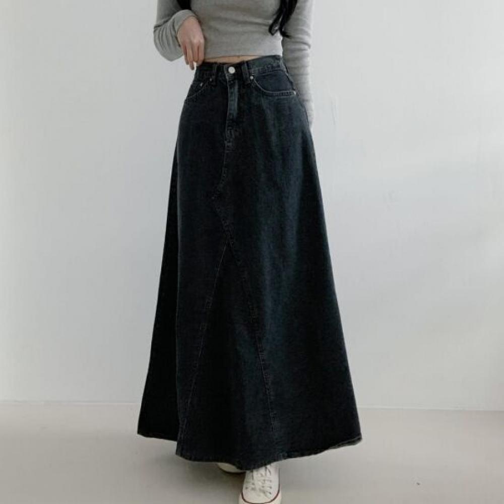 Mizqz Back Banding High Waist Denim Cut Flare Maxi Long Skirt