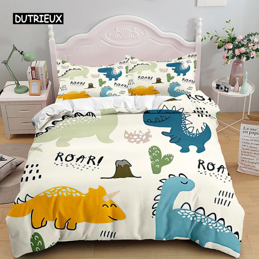 Cartoon Dinosaur Duvet Cover 3D Kawaii Animal Boy Bedding Set for Kids Girls Soft Microfiber Quilt Cover with Zipper Closure