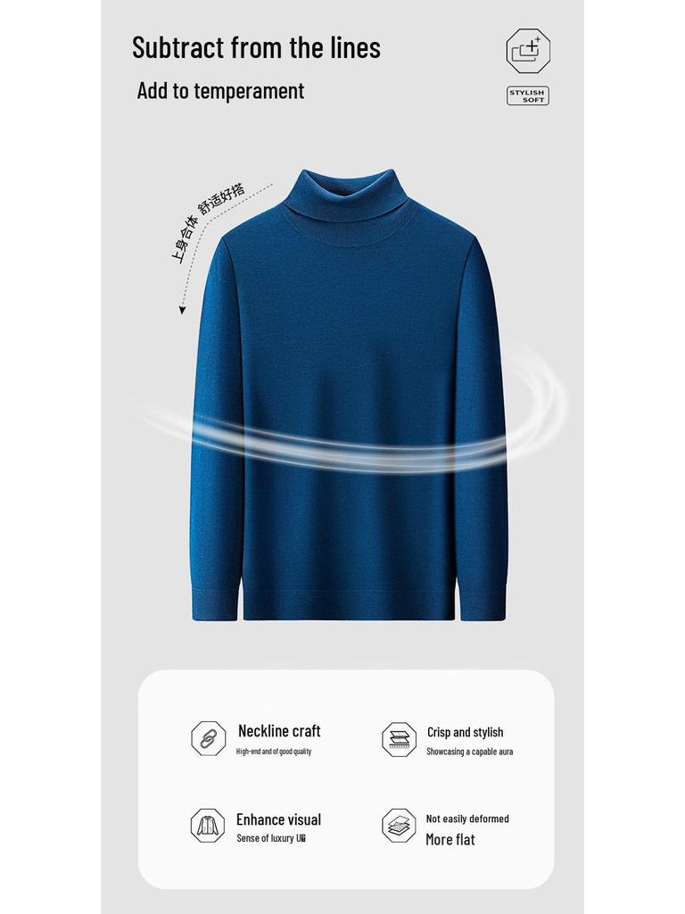Men's High Neck Wool Sweater - Light Luxury, Solid Color, Brushed Fleece, Autumn/Winter Casual Knit