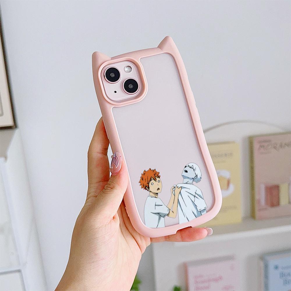 Soft Cat Ear Phone Cases for iPhone 16 15 13 12 11 Pro Max 14 Plus Silicone Anti-Drop Transparent Acrylic Back Cover N69 Anime Haikyuu X Reader Art