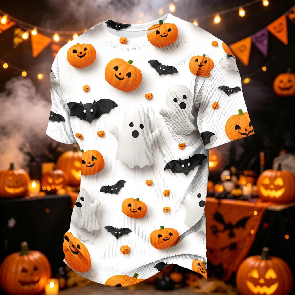 Men Casual Corduroy Short Sleeve Lightweight Breathable Round Neck Top Halloween Pattern Printed Shirt