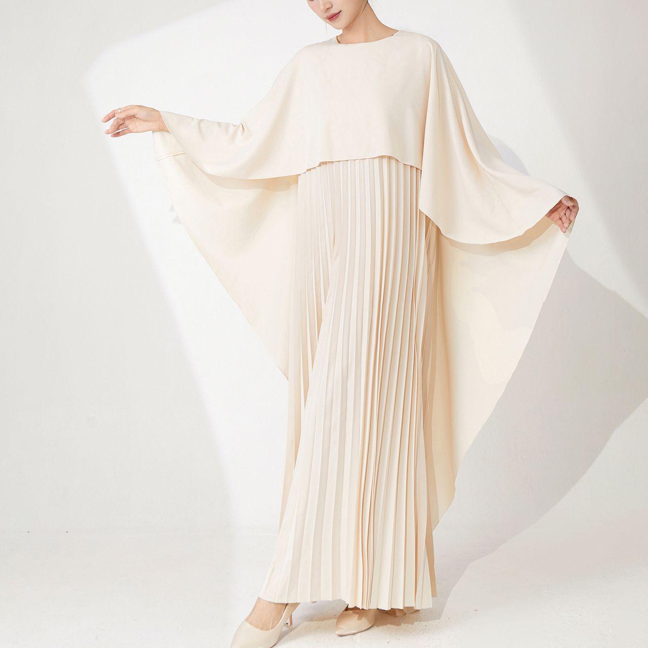 

Plus Size Shawl Evening Dress: Pleated Skirt & Long Muslim Robe Design One Size абрикосовий