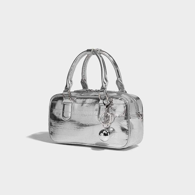 Silver High-End Handheld Small Square Bag for Women 2024 New Fashion Versatile Boston Pillow Bag Single Shoulder Crossbody Bag