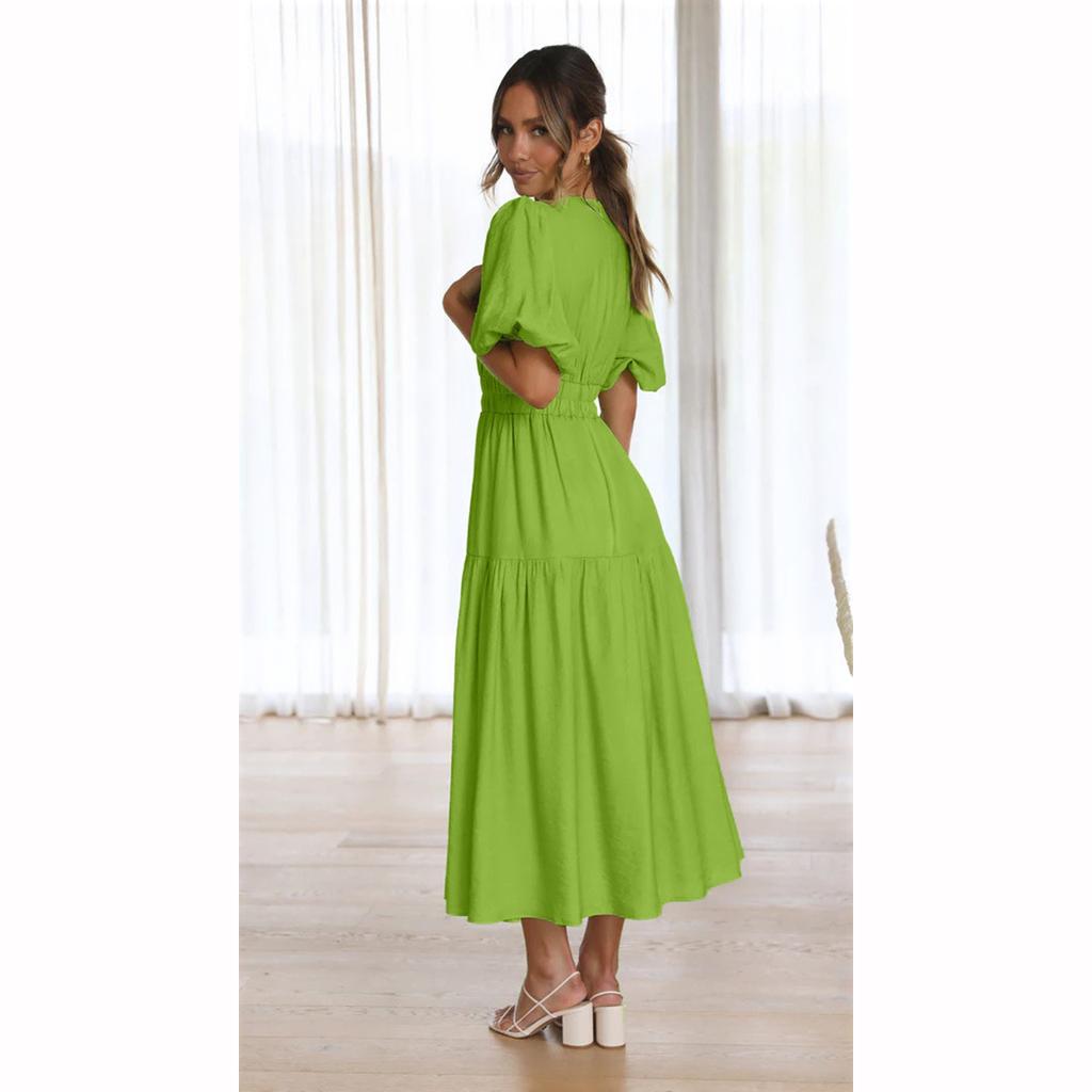 Women's V Neck Formal Lace V Neck Maxi Dress Ruffle Fringe Short Sleeve Boho Wedding Guest Long Dresses