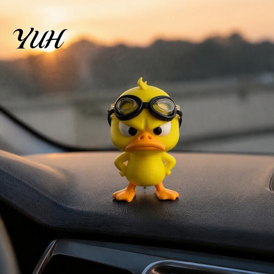 Fun Car Dashboard Decor 3D Printed Angry Yellow Duck Figurine with Detachable Swimming Goggles, Funny Accessories Statue, Desktop Ornament for