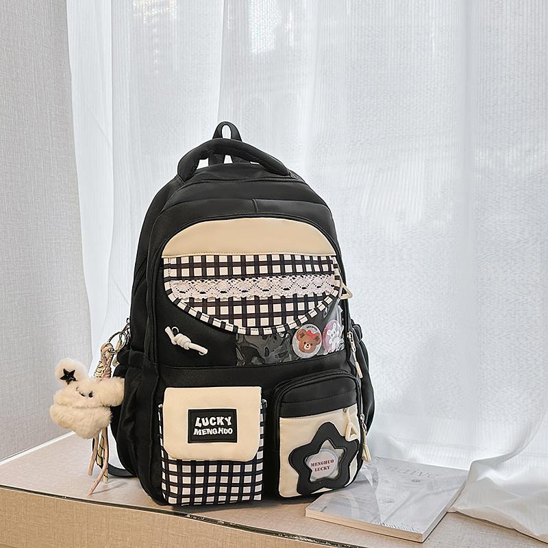 Plaid Backpack Junior High School Student Lightweight Schoolbag Color Block Large Capacity Backpack