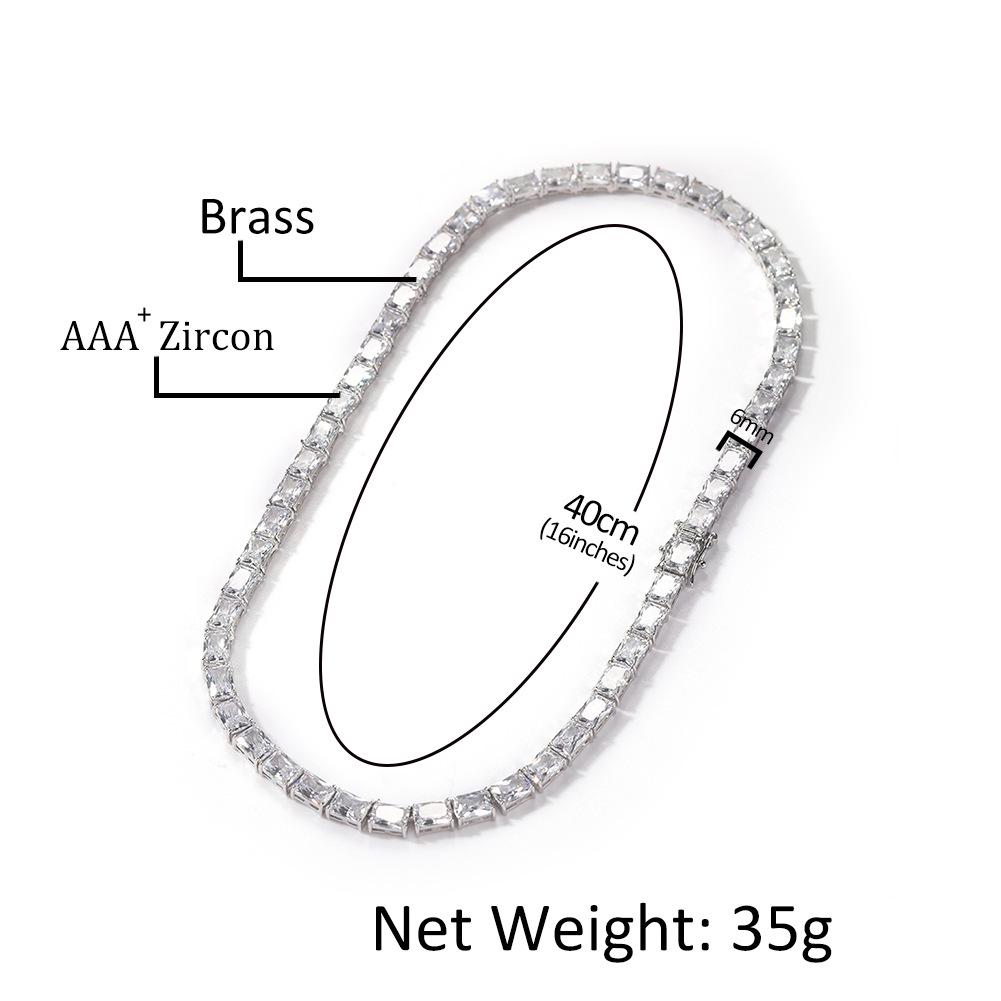 European Hip Hop Rectangular Zircon Necklace Ins Personality Simple Tennis Chain Street Niche Copper Clavicle Chain