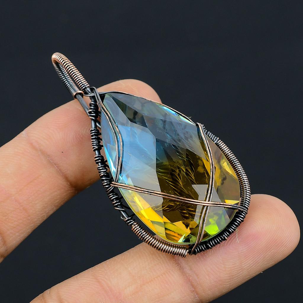 Natural Bi Color Tourmaline Gemstone Copper Wire Wrap Jewely Pendant 2.4" E9J97