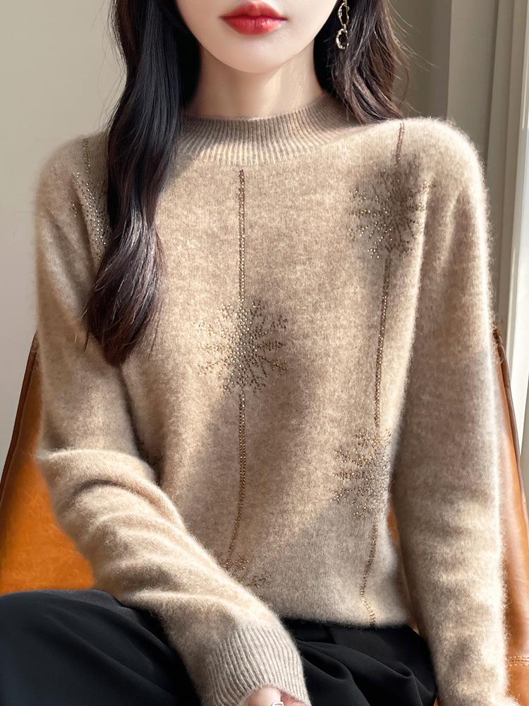 Women's Rhinestone Embellished Pure Wool Half-High Collar Pullover Sweater
