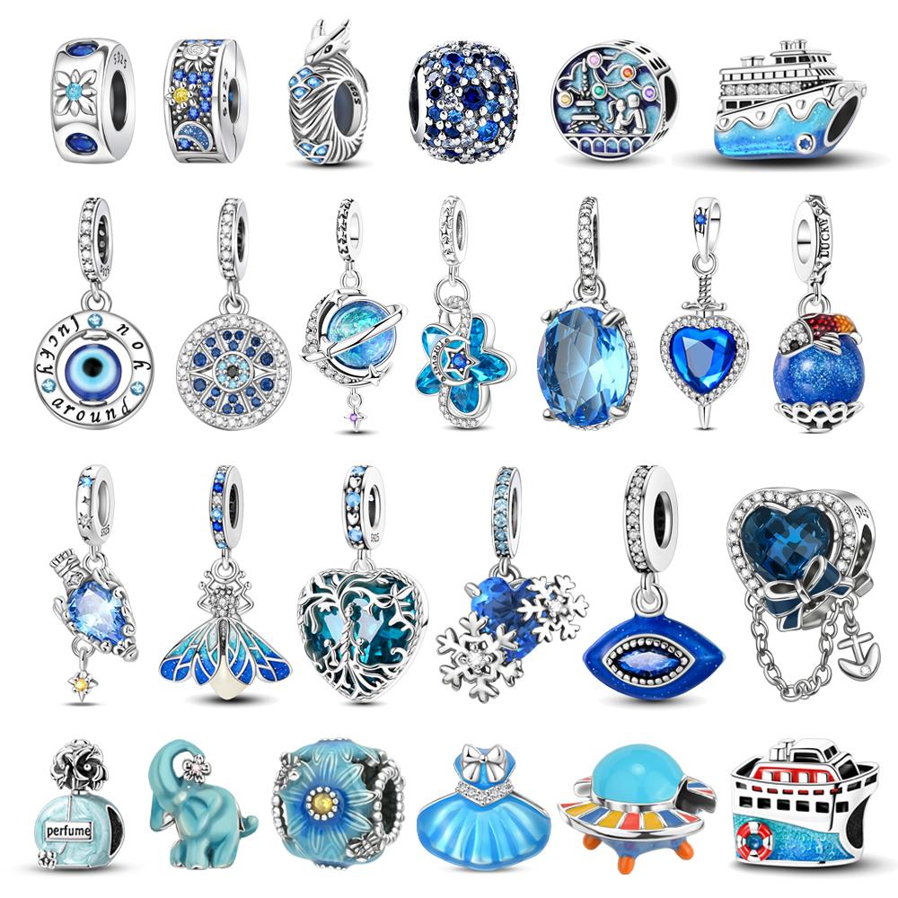 Blue Series 925 Sterling Silver Sapphire Tree of Life Bottle Elephant Planet Ocean Heart Charm Fit DIY Bracelet Necklace Gifts