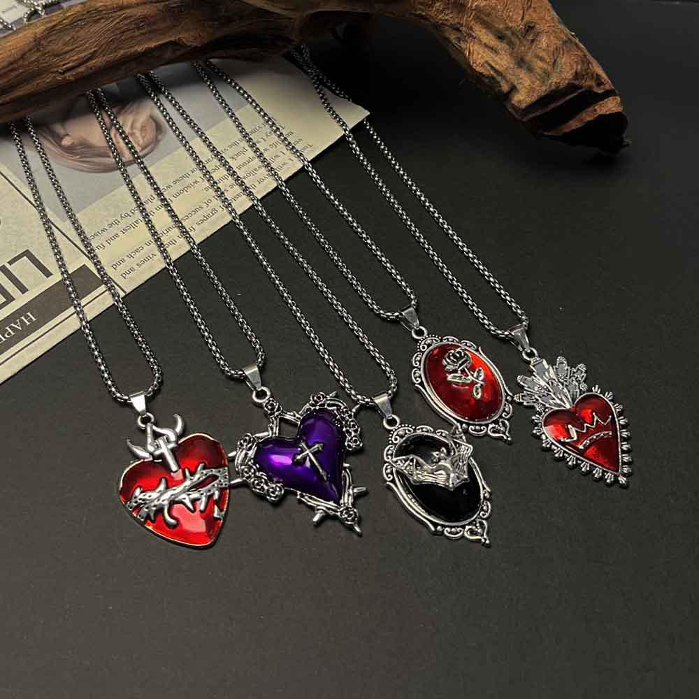 Gothic Bat Rose Heart Cross Pendant Necklace - Hip Hop Unisex Sweater Chain