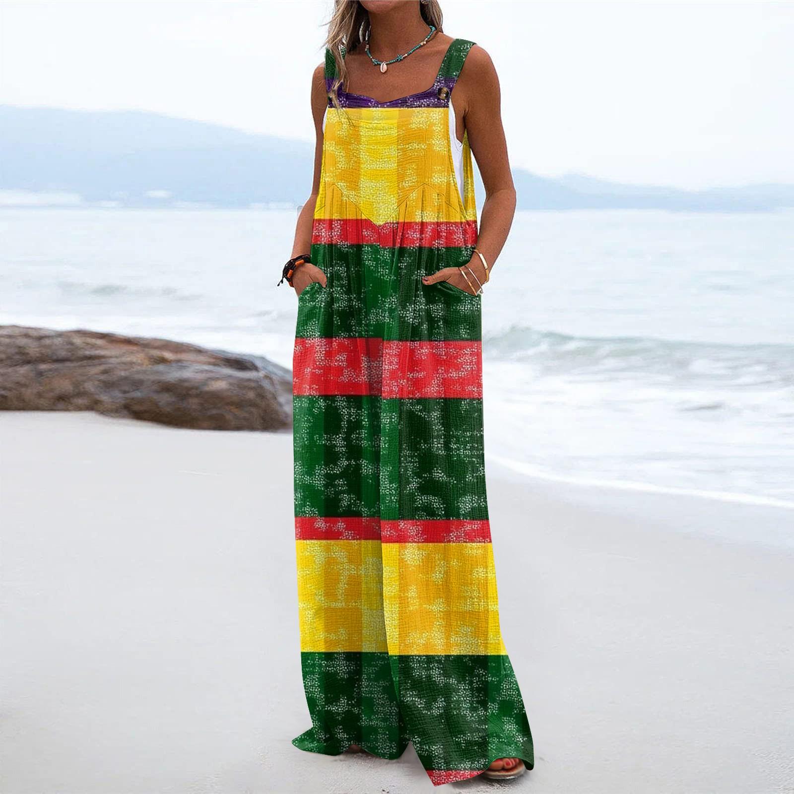 

Широкий комбинезон для женщин, повседневный свободный комбинезон без рукавов с принтом и пуговицами, длинные брюки, комбинезон с карманами L темно-зеленого