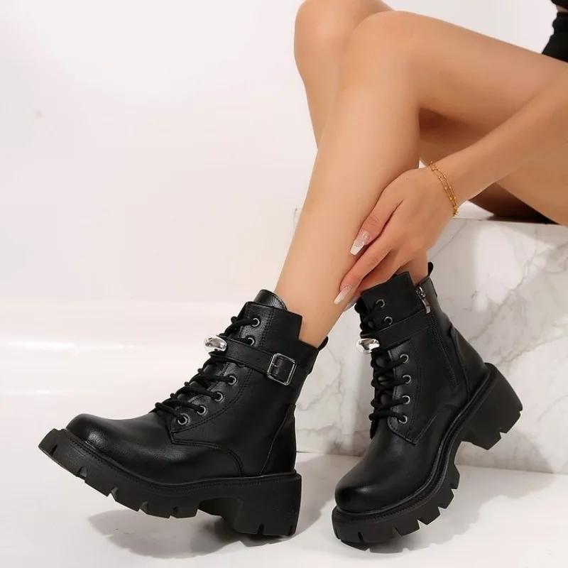 Motorcycle Boots Side Zip Thick Bottom Retro Female Short Botas Winter Warm Shoes Women Belt Buckle Black Ankle Boots for Women