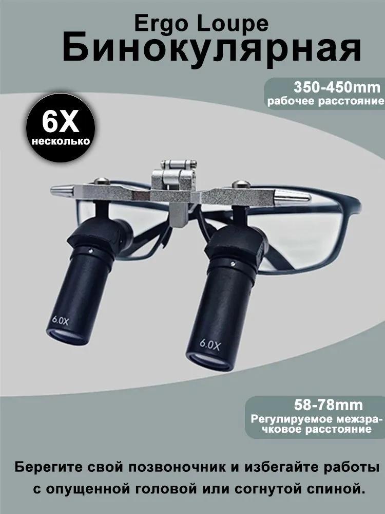 Binocular magnifying glass with 6-fold magnification, suitable for fine work, adjustable interpupillary distance.