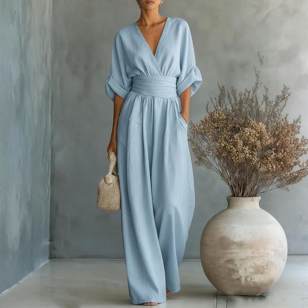 Damenmode Farbe Schlanke Taille V-Ausschnitt Jumpsuit